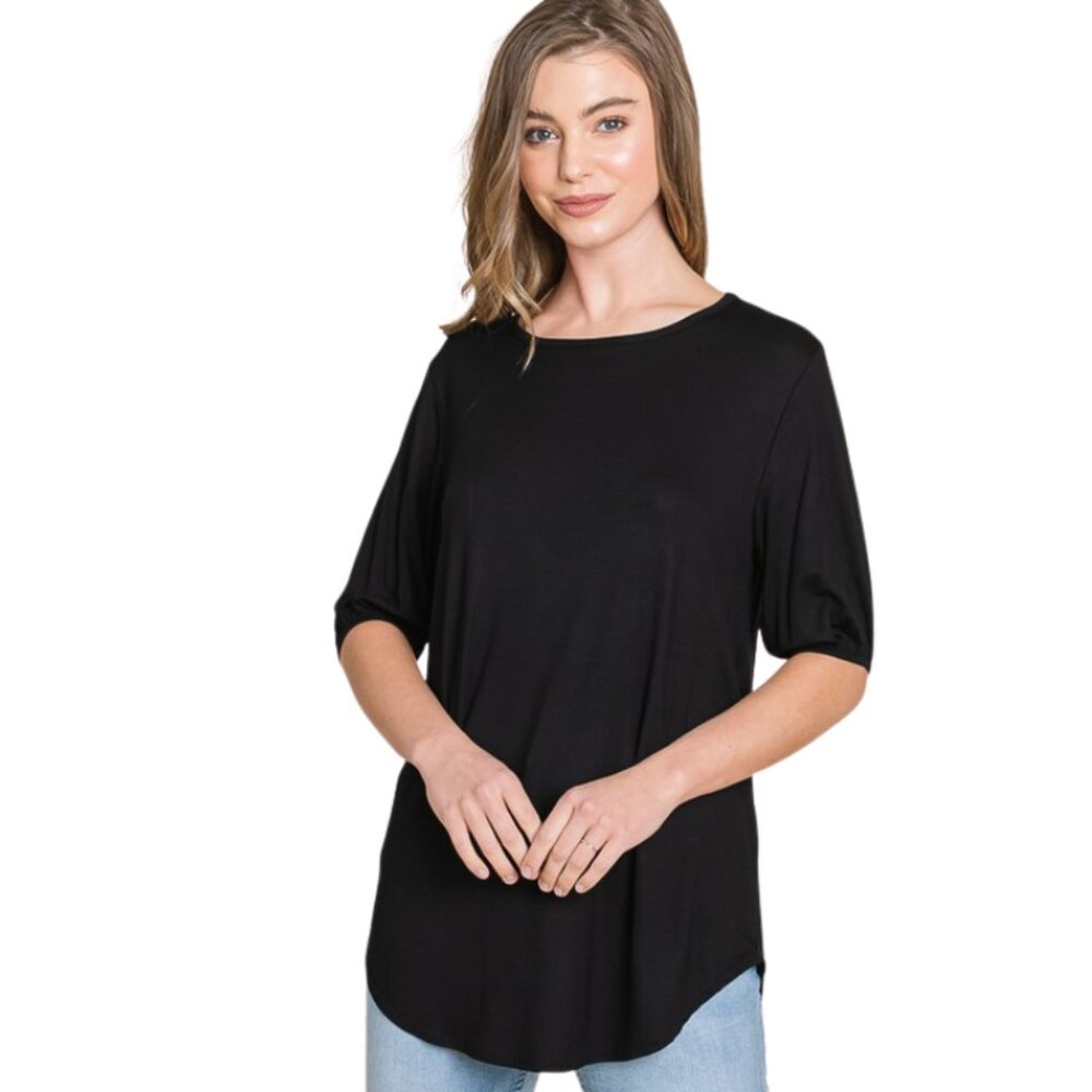 Soft Rayon Puff Sleeve Tee in Black - Picture 3 of 3